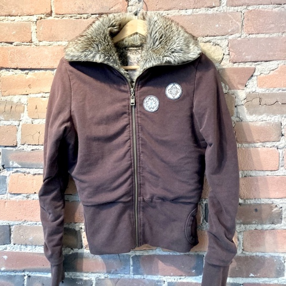 Groggy Brown Bomber Jacket wth Faux Fur Collar. Size: Medium.